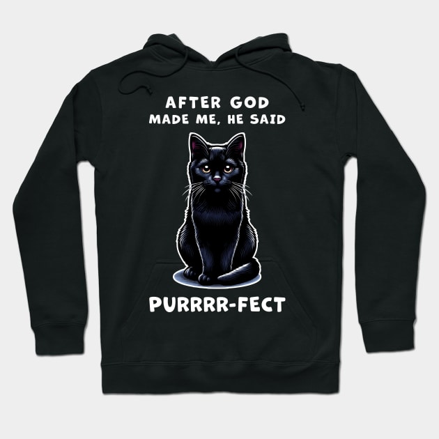 Black cat funny graphic t-shirt of cat saying "After God made me, he said Purrrr-fect." Hoodie by Cat In Orbit ®